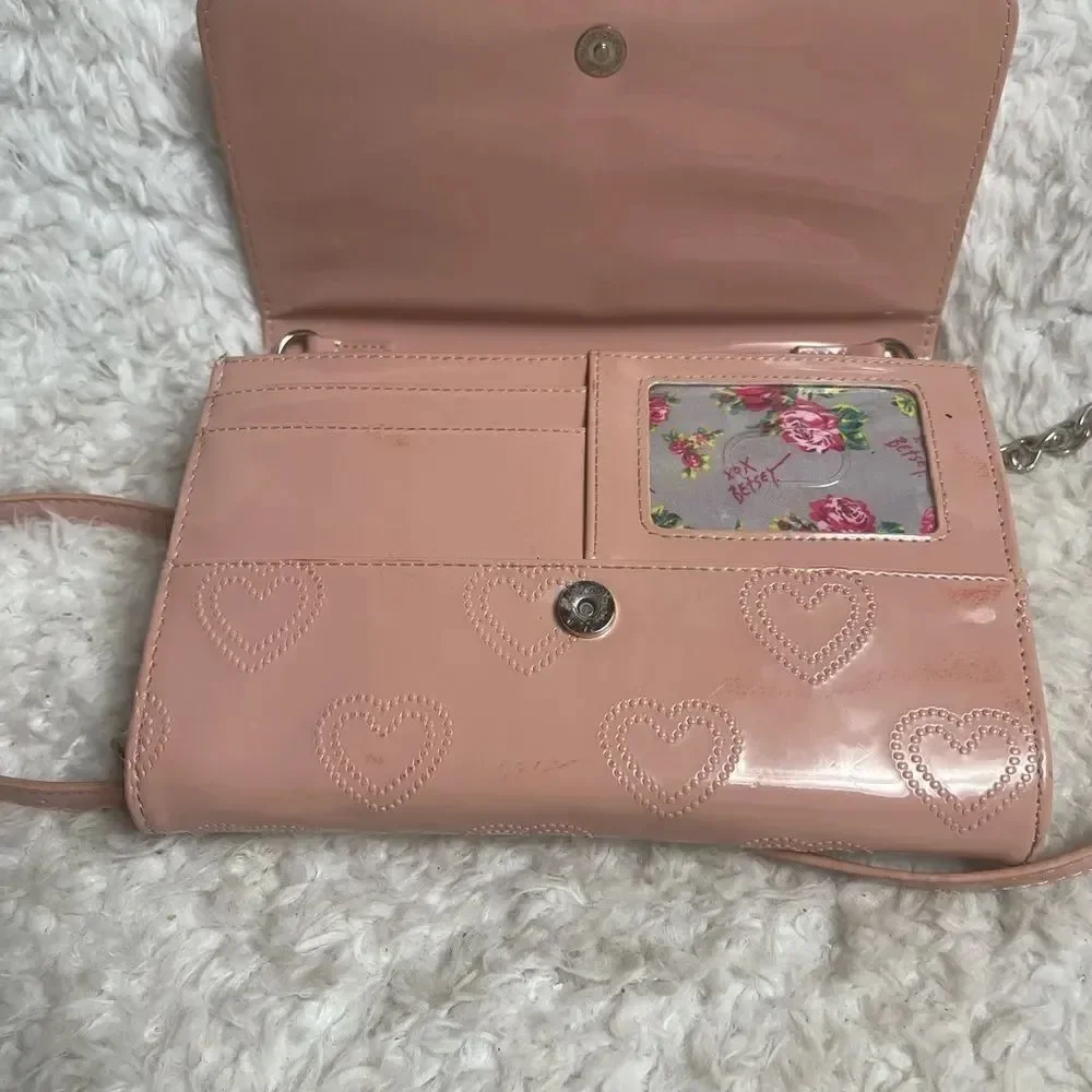 Betsey Johnson synthetic heart embossed pink patent crossbody bag Bow accent